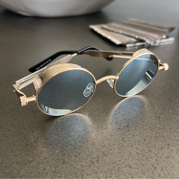 HIGH INTELLECT Round Sunglasses Retro Steampunk In Gold Frame Blue Lenses. - Picture 7 of 7